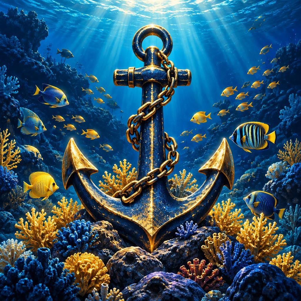 Golden chained anchor on a sunlit coral reef with tropical fish