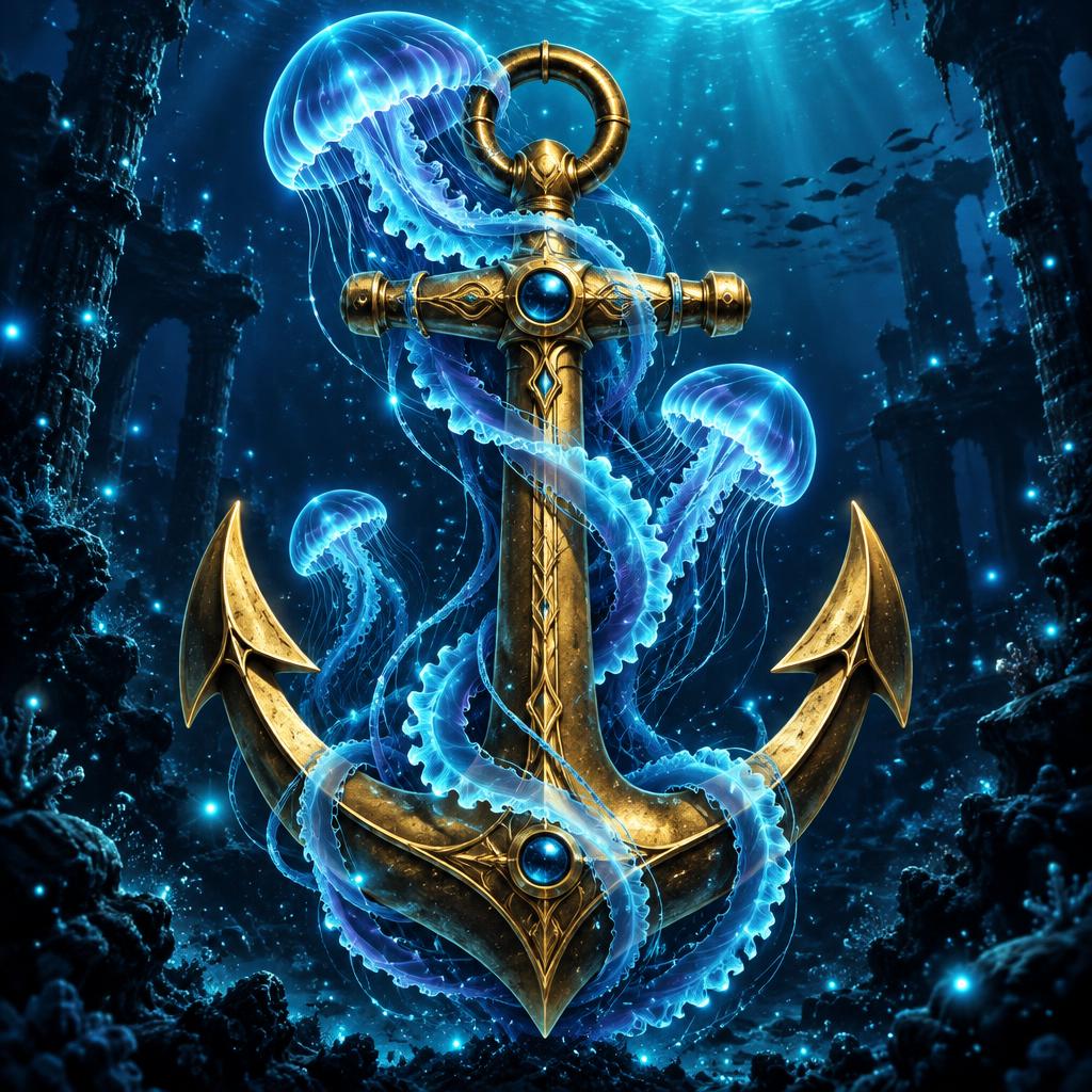 Golden anchor wrapped in glowing bioluminescent jellyfish