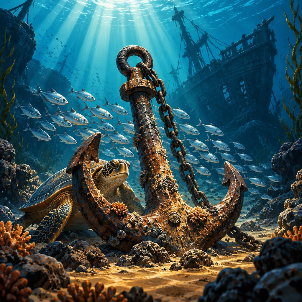 Weathered anchor with a sea turtle and shipwreck in the background