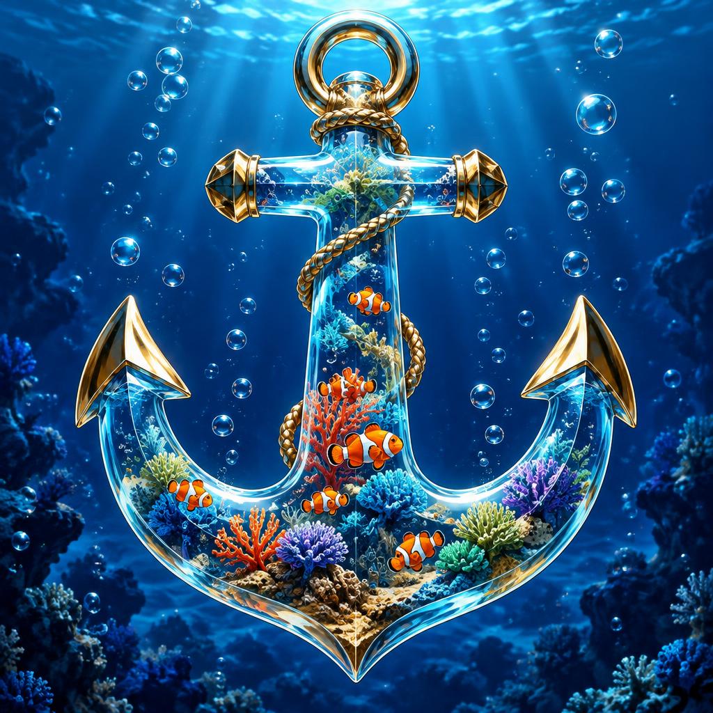 Crystal glass anchor filled with a miniature coral reef and clownfish